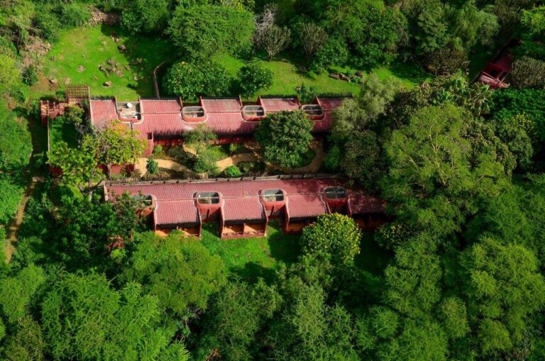 Les deux ailes aux toits rouges de l'Amboseli Serena Safari Lodge vues du ciel, au milieu des arbres
