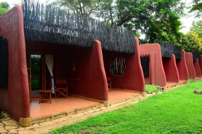 Les terrasses des chambres de l'Amboseli Serena Safari Lodge, entre des murs rouges arrondis, face à une pelouse