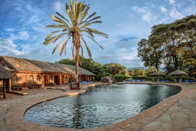 La piscine de l'Amboseli Sopa Lodge, avec un palmier, des parasols de chaume et un bâtiment en pierre