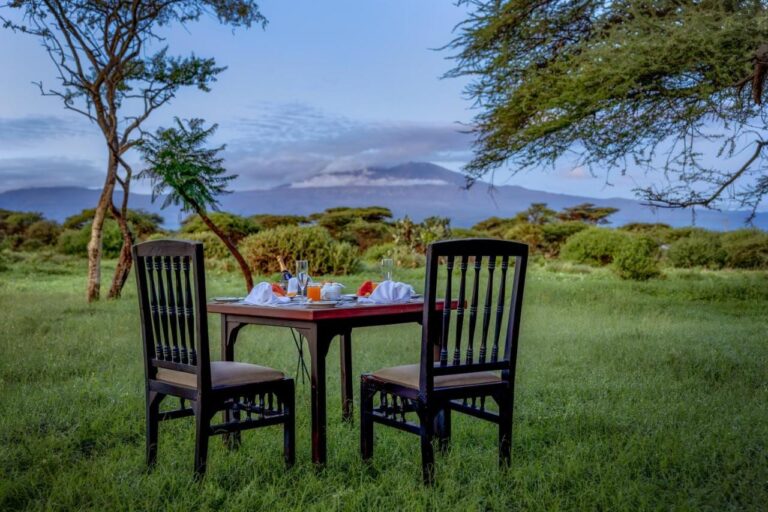 Une table dressée pour deux sur l'herbe, sous les acacias, le Kilimandjaro au loin
