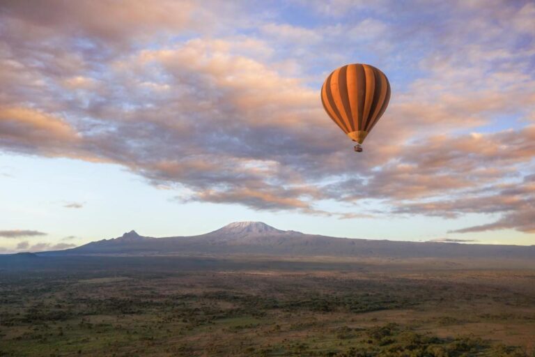 Une montgolfière au-dessus de la plaine, le Kilimandjaro à l'horizon sous un ciel rose