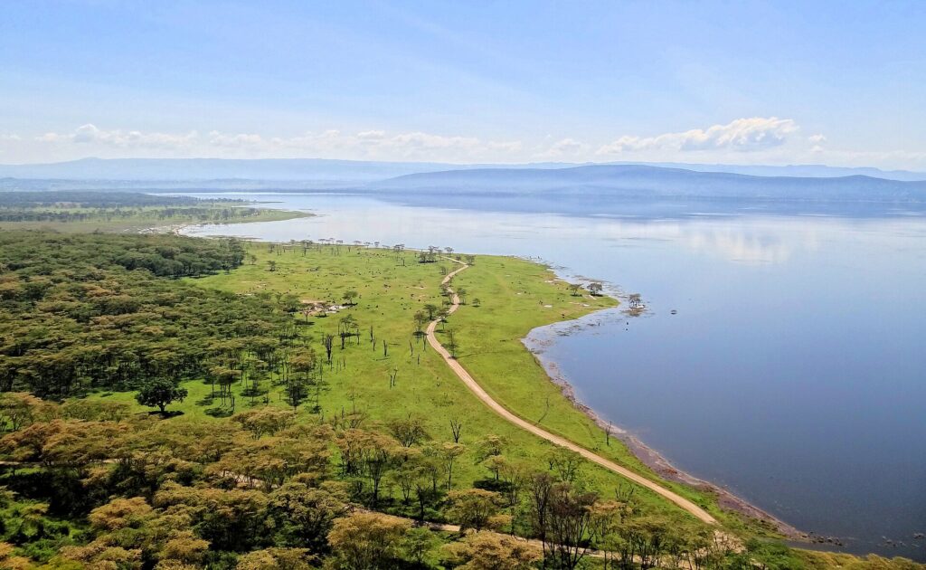 Vue plongeante depuis Baboon Cliff sur la rive du lac, une piste qui longe une prairie verte piquée d'animaux, des bois d'acacias et le lac jusqu'aux collines