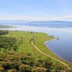 Vue plongeante depuis Baboon Cliff sur la rive du lac, une piste qui longe une prairie verte piquée d'animaux, des bois d'acacias et le lac jusqu'aux collines