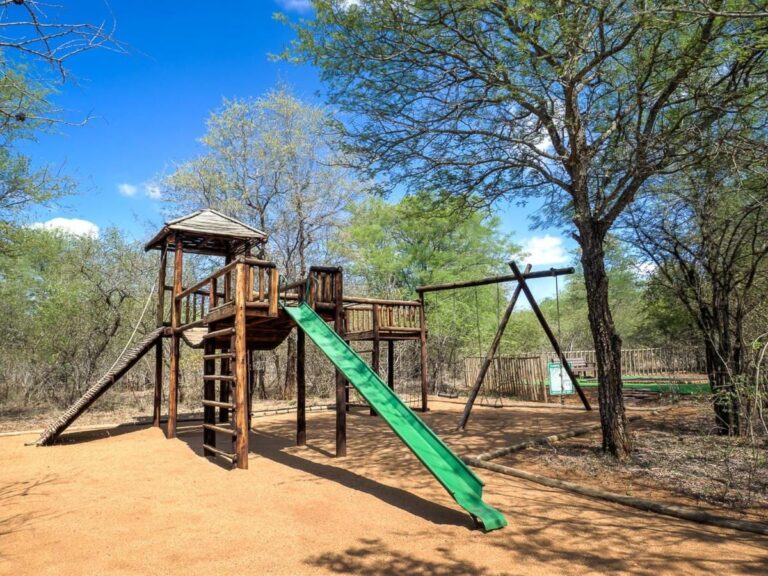 L'aire de jeux pour enfants, avec une tour en bois, un toboggan vert et une balançoire, sous les arbres
