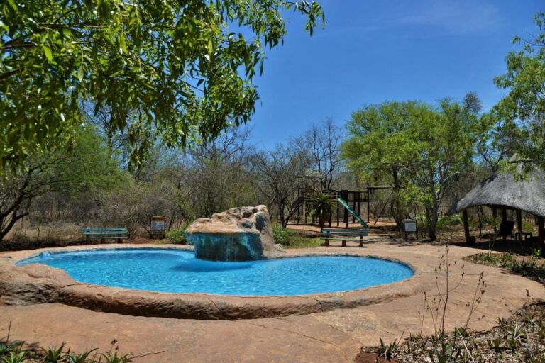 La piscine à cascade du Jackalberry Ridge sous un ciel bleu, entourée de bancs et d'arbres