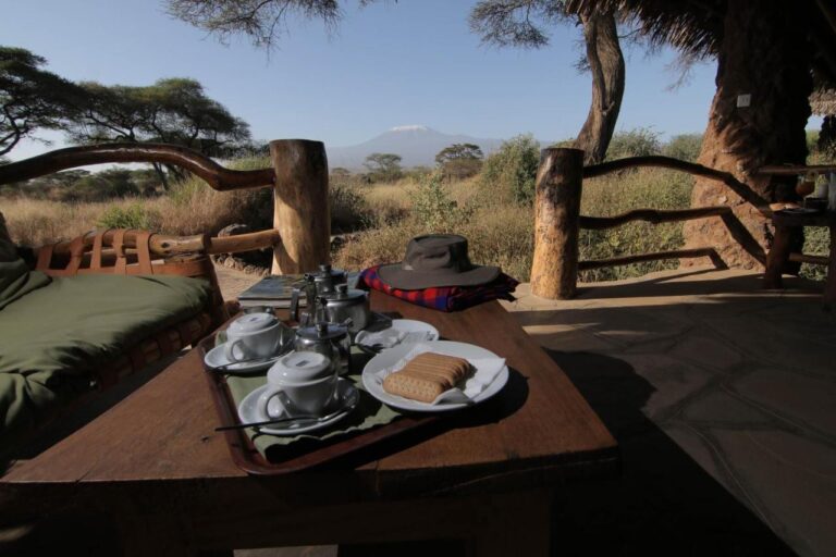 Un plateau de thé et de biscuits sur une terrasse, avec un chapeau de brousse, le Kilimandjaro derrière les acacias
