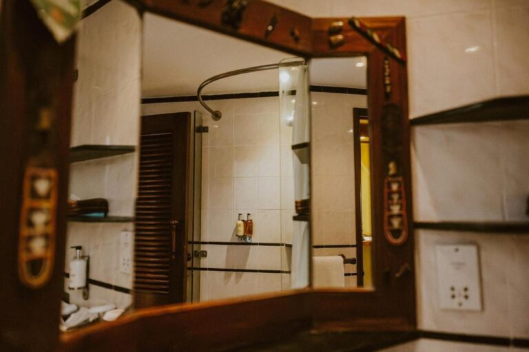 La douche vitrée d'une salle de bains, vue dans un miroir au cadre de bois sculpté