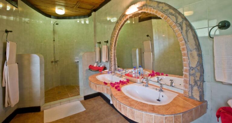 Une salle de bains avec deux vasques semées de pétales et une douche derrière un muret