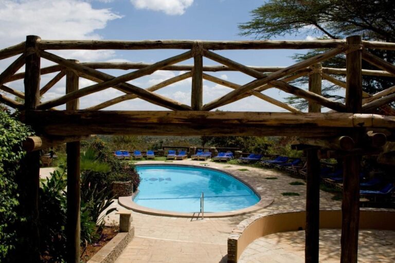 La piscine vue à travers une pergola en rondins, entourée de transats