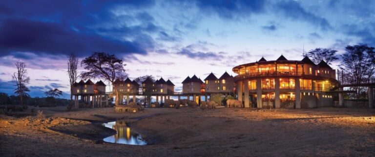 Le lodge illuminé à la tombée de la nuit, avec des éléphants au pied des tours et un point d'eau au premier plan
