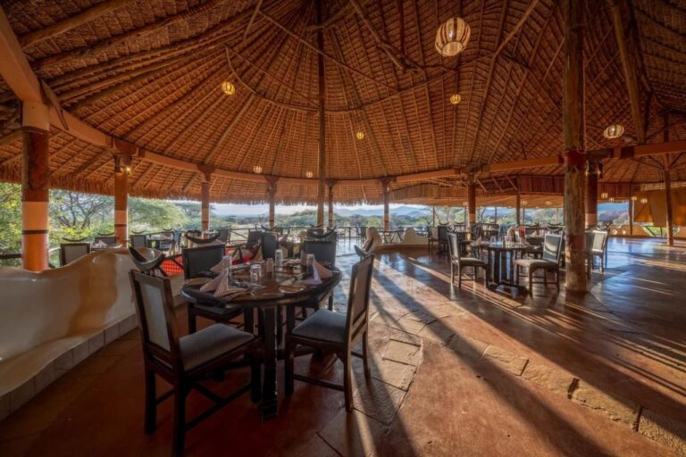 La salle du restaurant sous un immense toit de chaume, ouverte sur les acacias et les collines