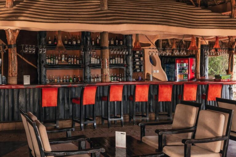 Le bar, ses tabourets rouges et ses étagères de bouteilles, avec des fauteuils au premier plan