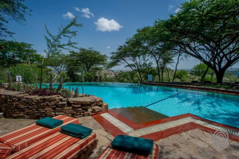 La piscine à débordement du Serengeti Serena Safari Lodge, ses transats rayés de rouge et ses serviettes vertes, sous les acacias