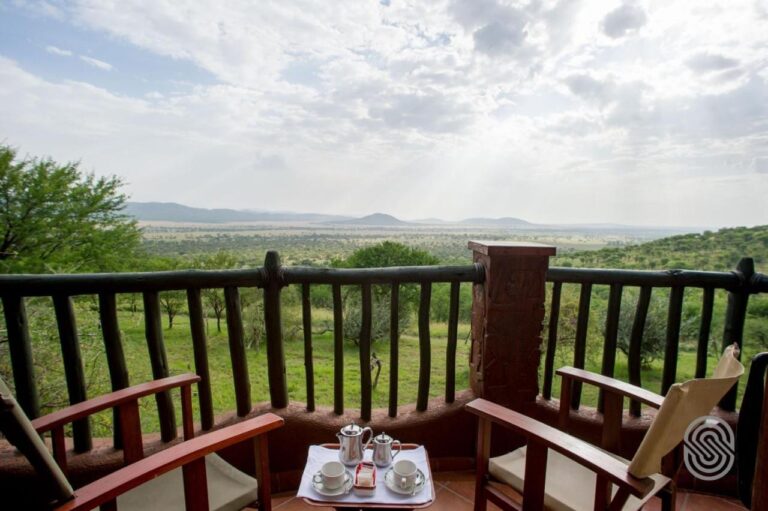 Un plateau de thé sur un balcon à rambarde de bois, face à la savane verte et aux collines