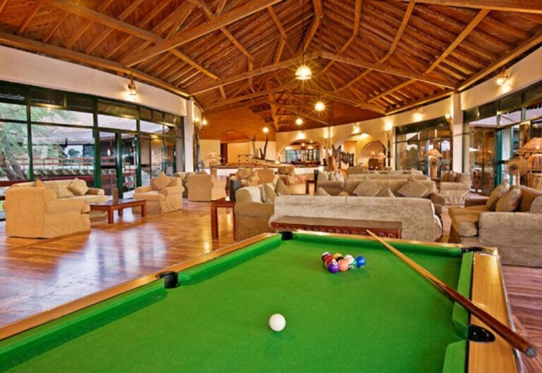 Le salon et son billard, sous une charpente en bois