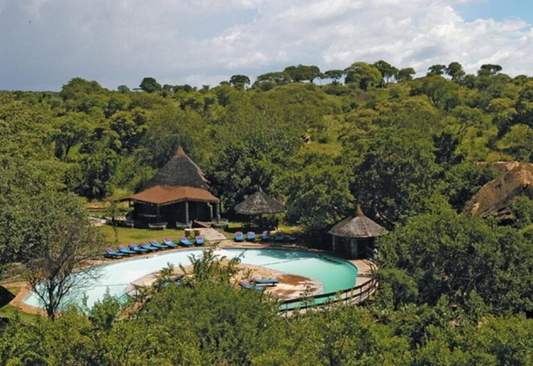 La piscine du Tarangire Sopa Lodge vue d'en haut, entourée de brousse