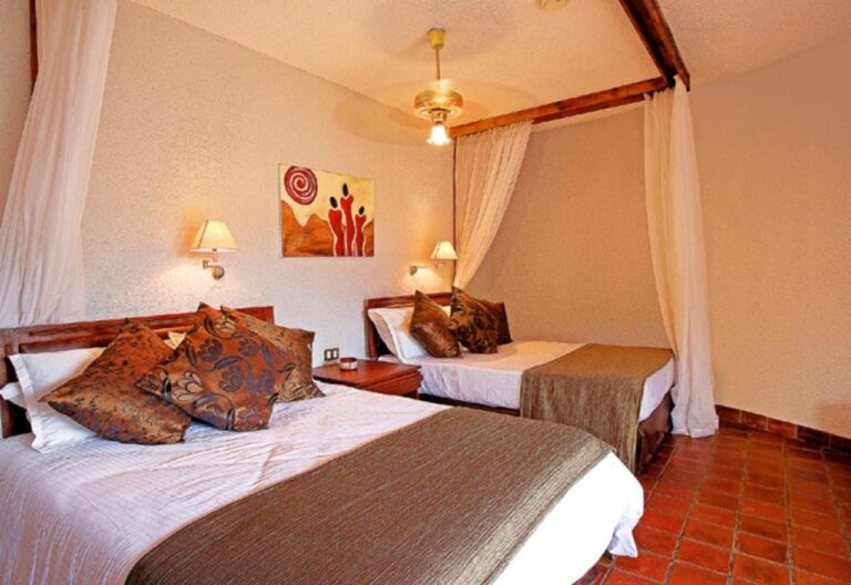 Une chambre à deux lits avec des coussins aux motifs africains