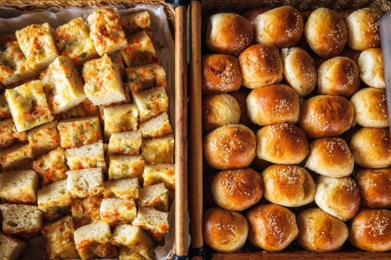 Des petits pains et des cubes de pain grillé sortis du four