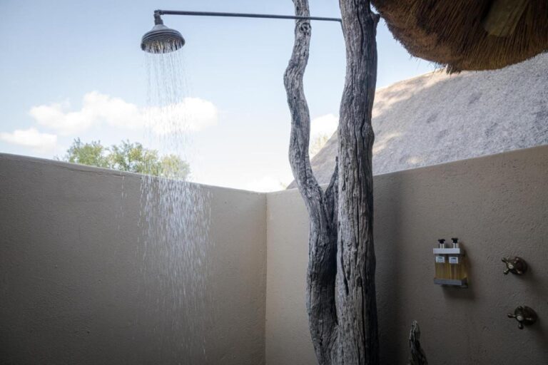Une douche en plein air, entre des murs crème et un tronc d'arbre sec, sous le ciel