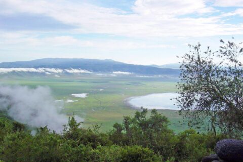Le fond vert du cratère vu depuis le rebord, avec le lac Magadi et des nuages accrochés aux parois